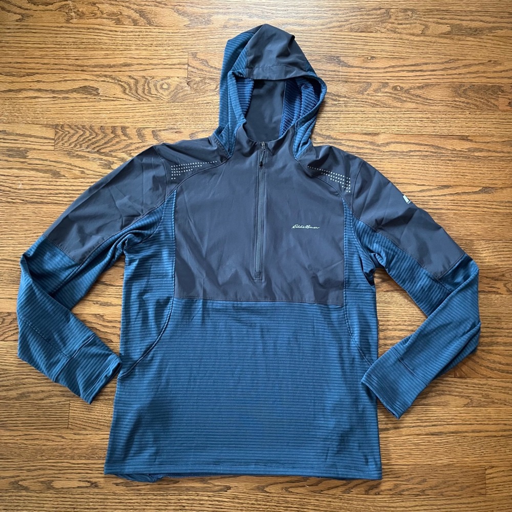 Eddie Bauer First Ascent Mens Blue Grid Fleece Quarter Zip Hoodie Medium